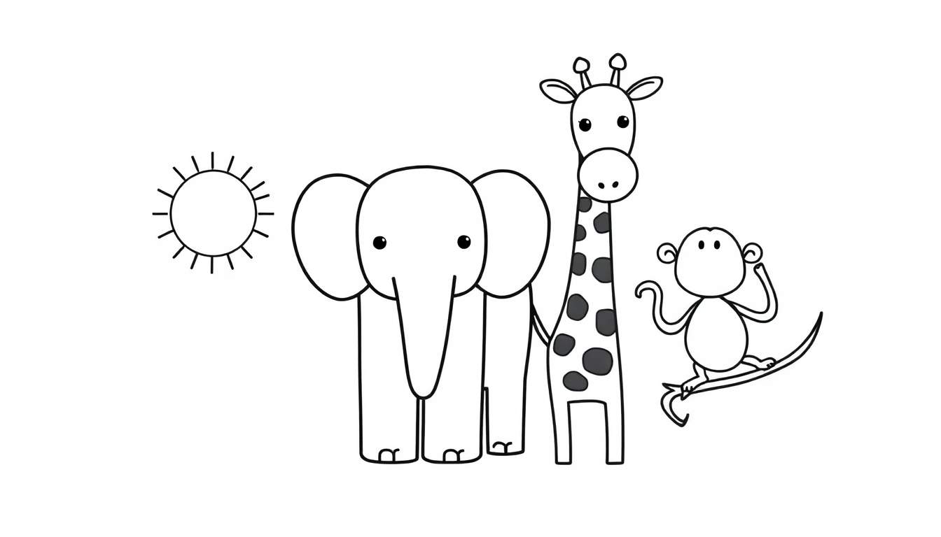 Kleurplaat van een cartoonachtige olifant, giraf en aapje met de zon.