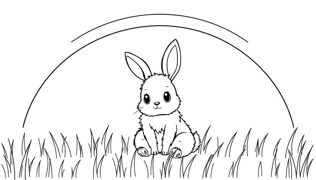 Zwart-wit kleurplaat van een schattig konijntje dat in het gras zit onder een grote dubbele boog.