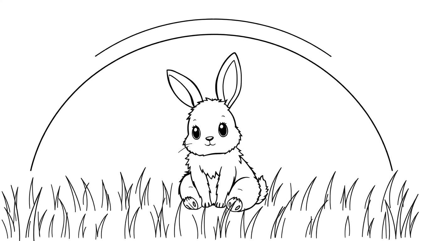 Zwart-wit kleurplaat van een schattig konijntje dat in het gras zit onder een grote dubbele boog.