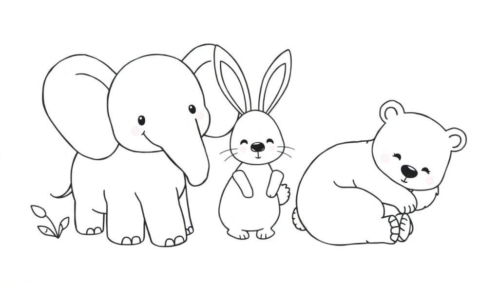 Kleurplaat van een schattige olifant, een vrolijk konijn en een slapende beer met roze blosjes op een witte achtergrond.