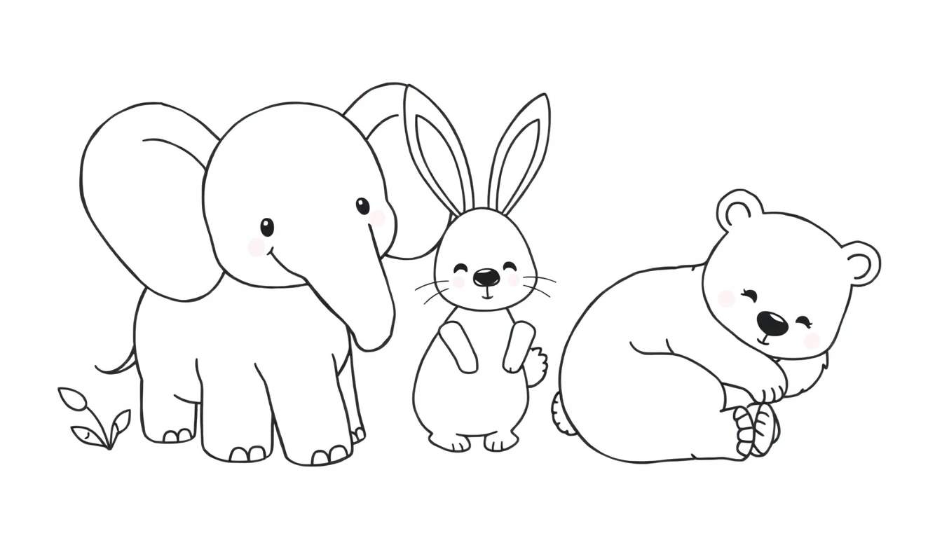 Kleurplaat van een schattige olifant, een vrolijk konijn en een slapende beer met roze blosjes op een witte achtergrond.