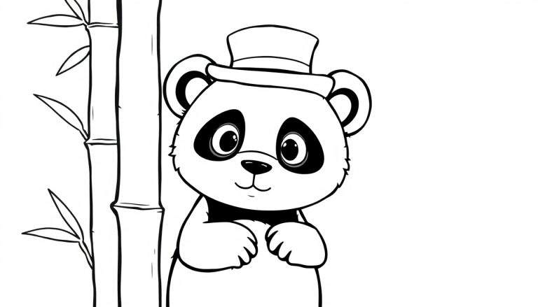 Zwart-wit tekening van een lieve panda met een hoedje, omringd door bamboe, klaar om ingekleurd te worden.