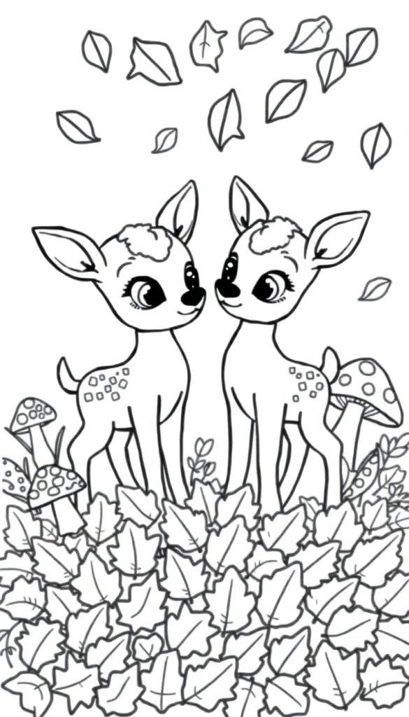 Kleurplaat van twee schattige reekalfjes in een herfstlandschap met bladeren en paddenstoelen.