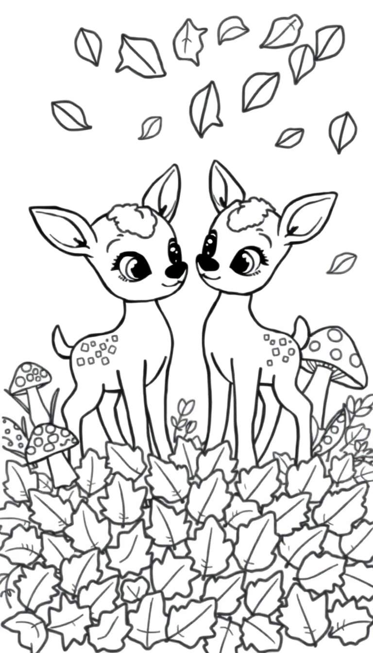 Kleurplaat van twee schattige reekalfjes in een herfstlandschap met bladeren en paddenstoelen.