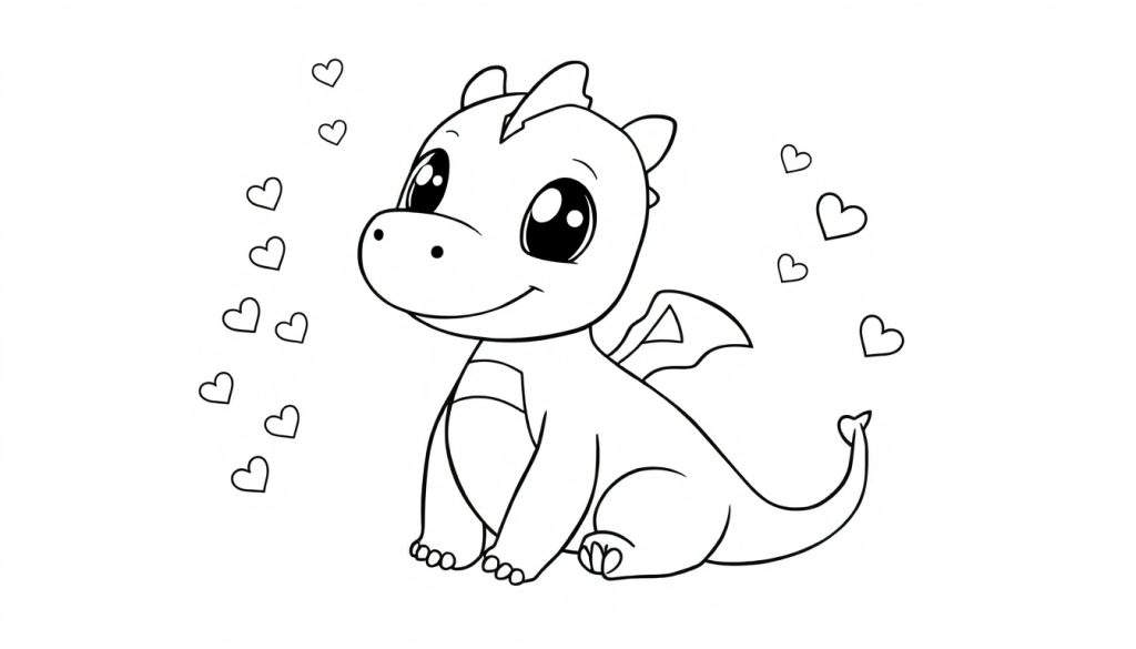 Een lijntekening van een schattige, lachende draak die zit met kleine vleugels en omringd is door zwevende hartjes op een witte achtergrond.