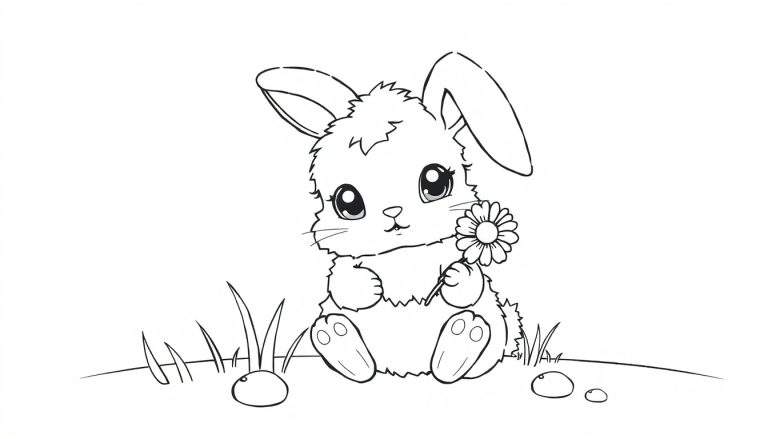 Kleurplaat van een schattig cartoonkonijntje dat rechtop zit en een bloem vasthoudt. Het konijntje heeft lange oren en grote ogen. Op de grond liggen gras en steentjes.