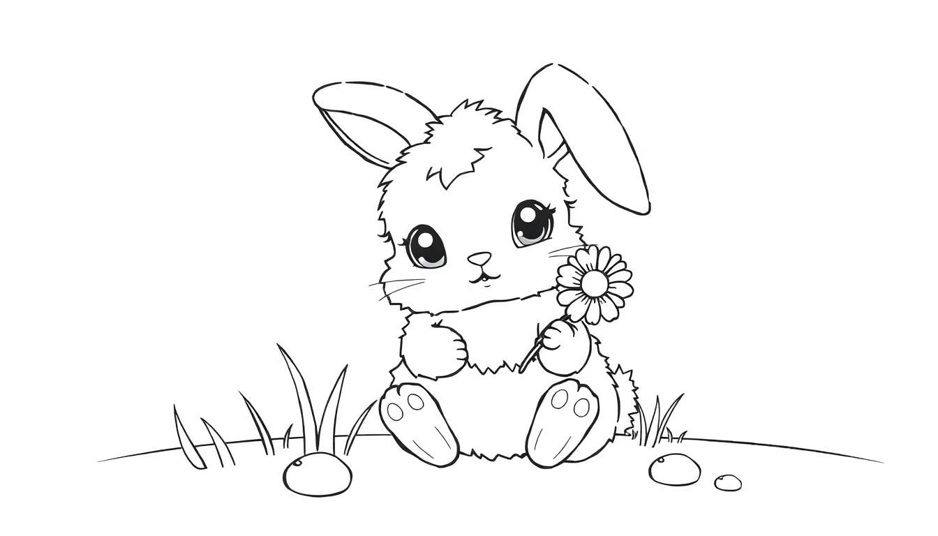 Kleurplaat van een schattig cartoonkonijntje dat rechtop zit en een bloem vasthoudt. Het konijntje heeft lange oren en grote ogen. Op de grond liggen gras en steentjes.