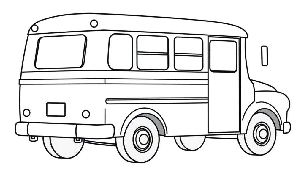 Zwart-wit lijntekening van een schoolbus vanuit een driekwartperspectief, klaar om ingekleurd te worden door kinderen. Te zien zijn ramen, wielen, deuren en achterlichten.