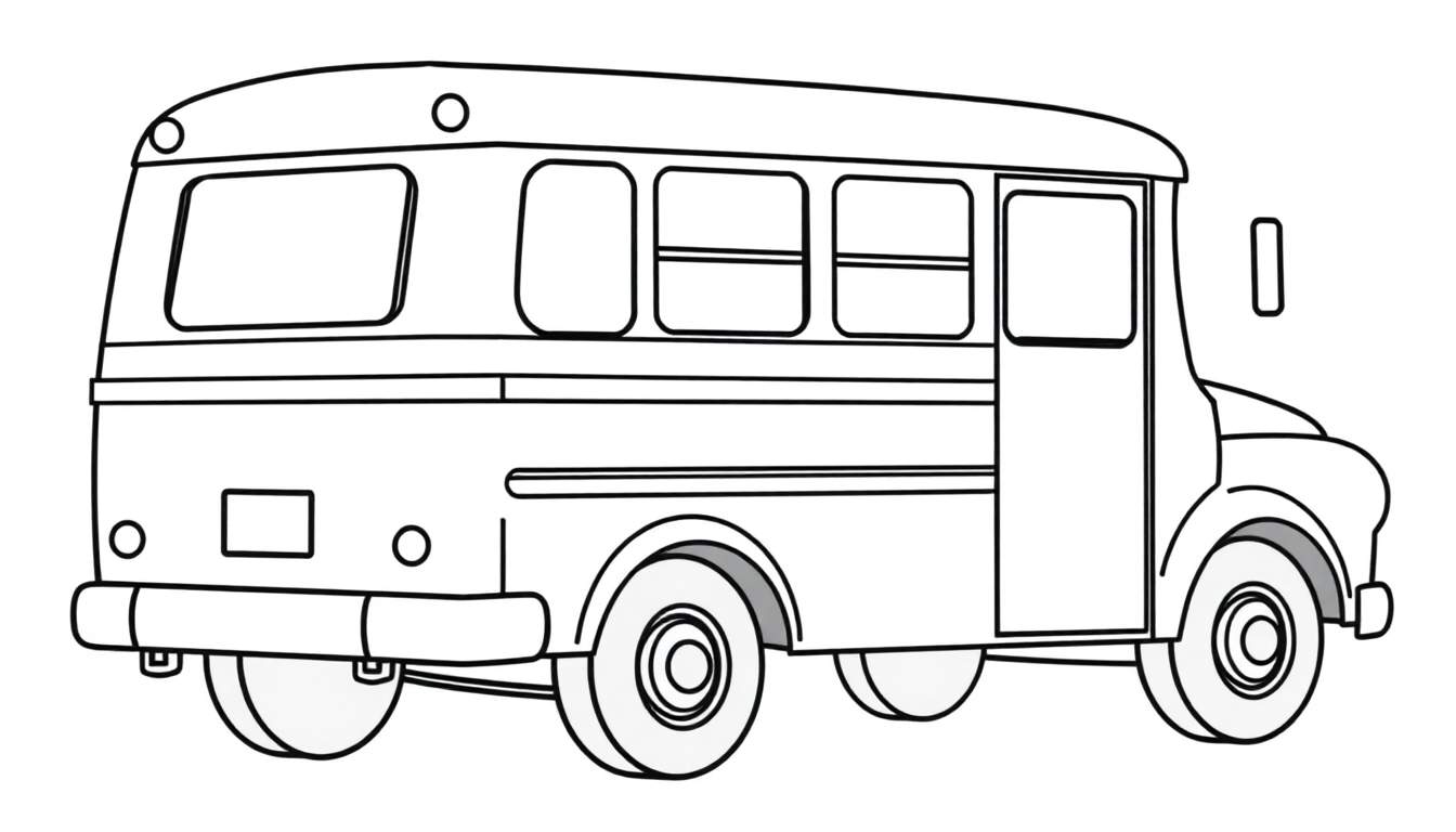 Zwart-wit lijntekening van een schoolbus vanuit een driekwartperspectief, klaar om ingekleurd te worden door kinderen. Te zien zijn ramen, wielen, deuren en achterlichten.