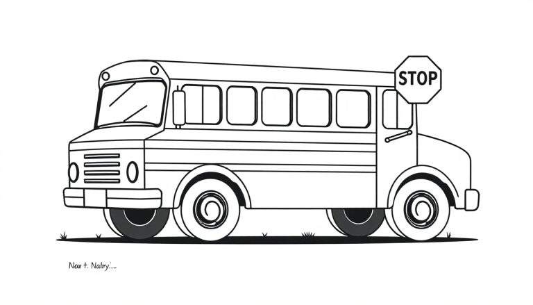 Zwart-wit lijntekening van een schoolbus in zijaanzicht met een stopbord.