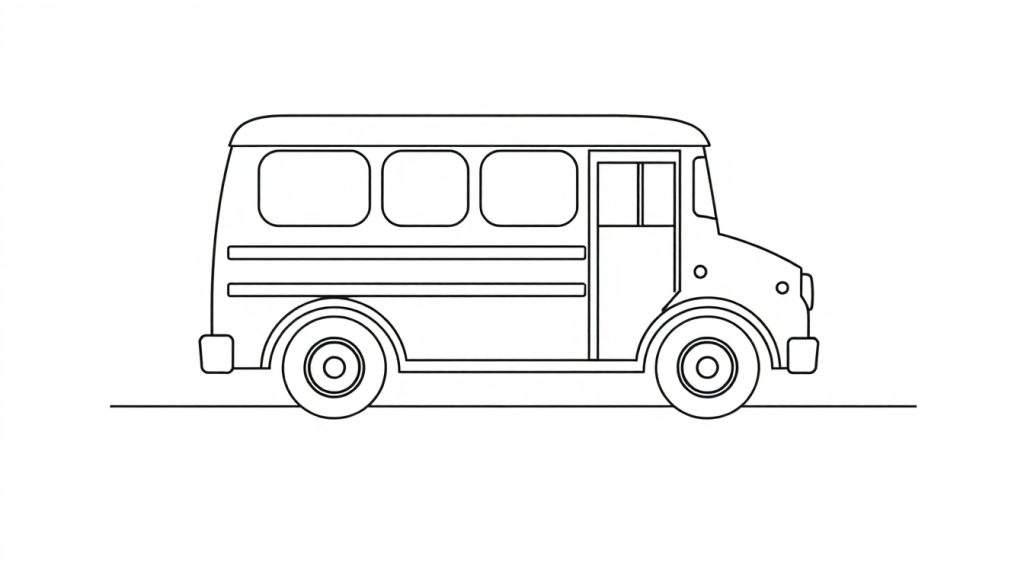 Zwart-wit lijntekening van een schoolbus als kleurplaat.