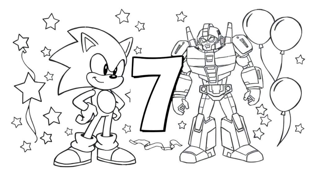Kleurplaat van Sonic the Hedgehog en een robot rondom het cijfer 7, met sterren, linten en ballonnen.
