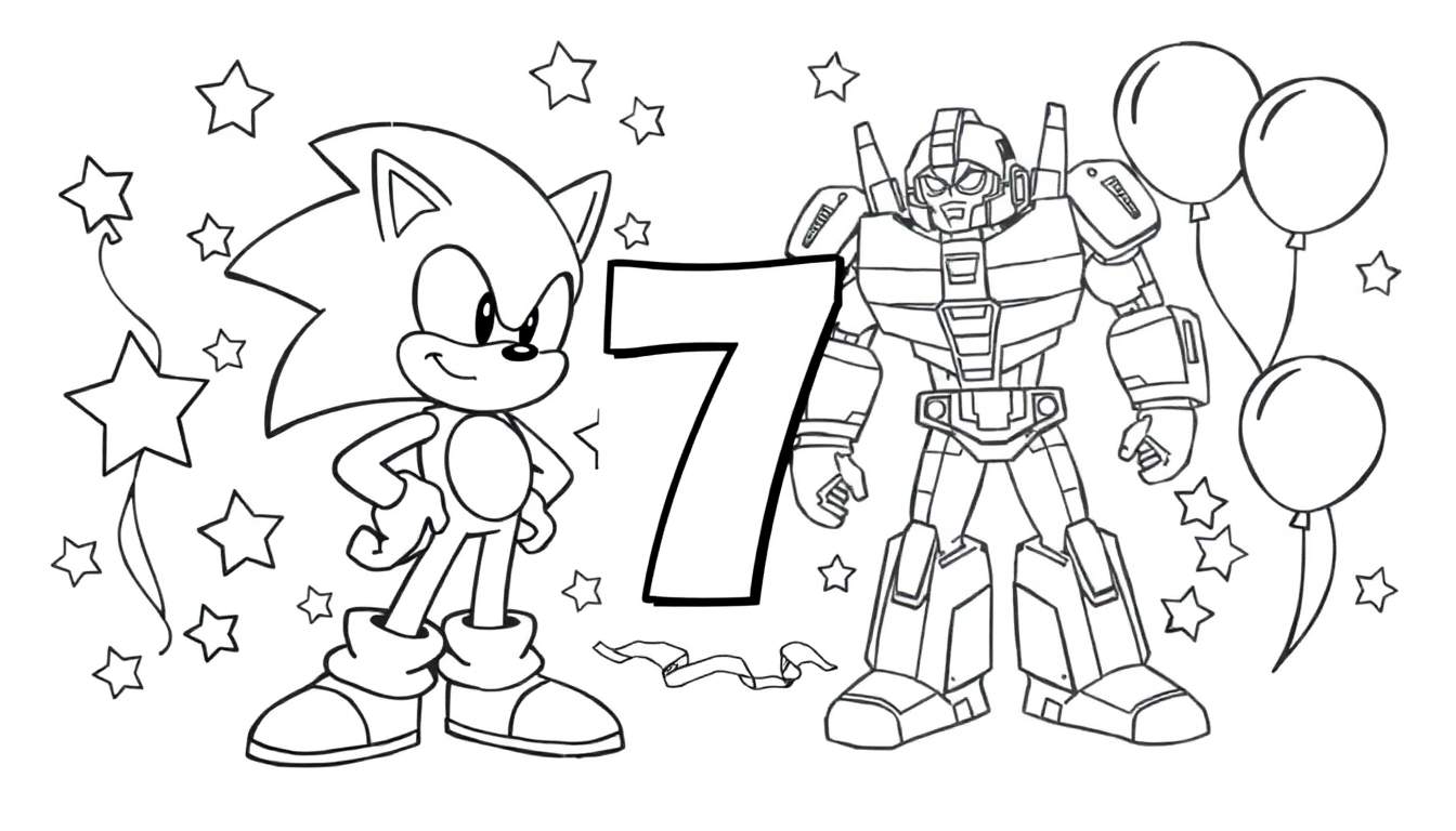 Kleurplaat van Sonic the Hedgehog en een robot rondom het cijfer 7, met sterren, linten en ballonnen.