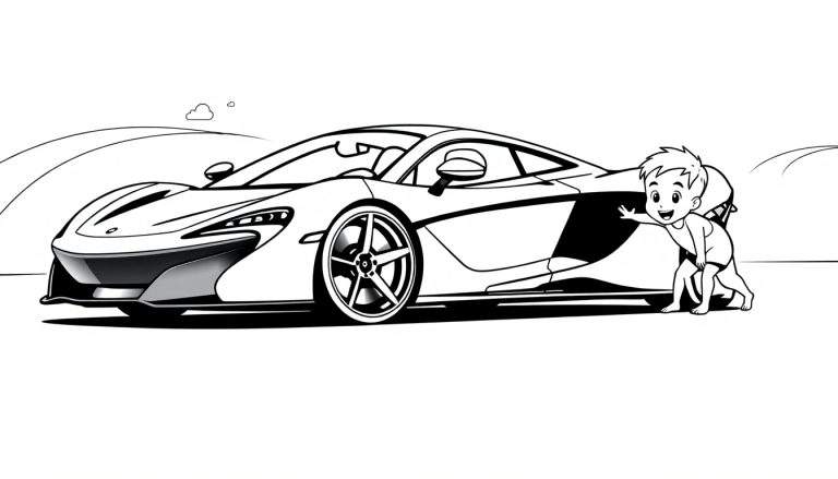 Zwart-wit lijntekening van een sportwagen met een kind dat lacht en de auto aanraakt, met een simpele achtergrond.