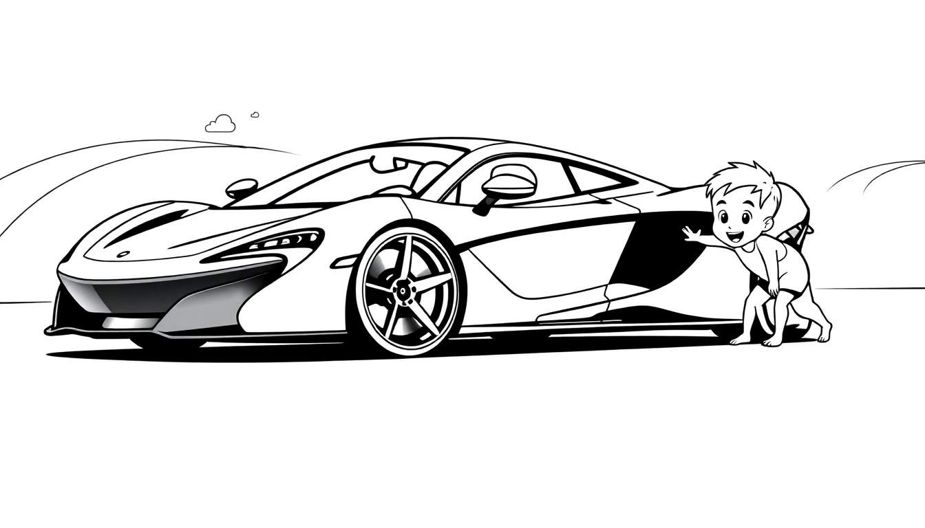 Zwart-wit lijntekening van een sportwagen met een kind dat lacht en de auto aanraakt, met een simpele achtergrond.