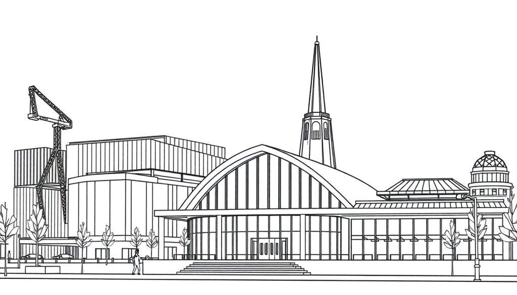 Kleurplaat van een stedelijk landschap met een bouwkraan, moderne gebouwen met een gewelfd dak en een koepel, een spits, bomen, auto's en een persoon op het trottoir.