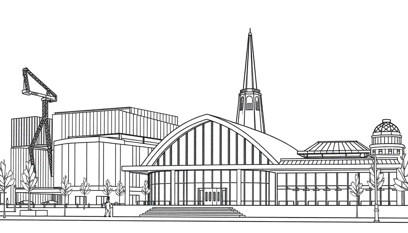 Kleurplaat van een stedelijk landschap met een bouwkraan, moderne gebouwen met een gewelfd dak en een koepel, een spits, bomen, auto's en een persoon op het trottoir.