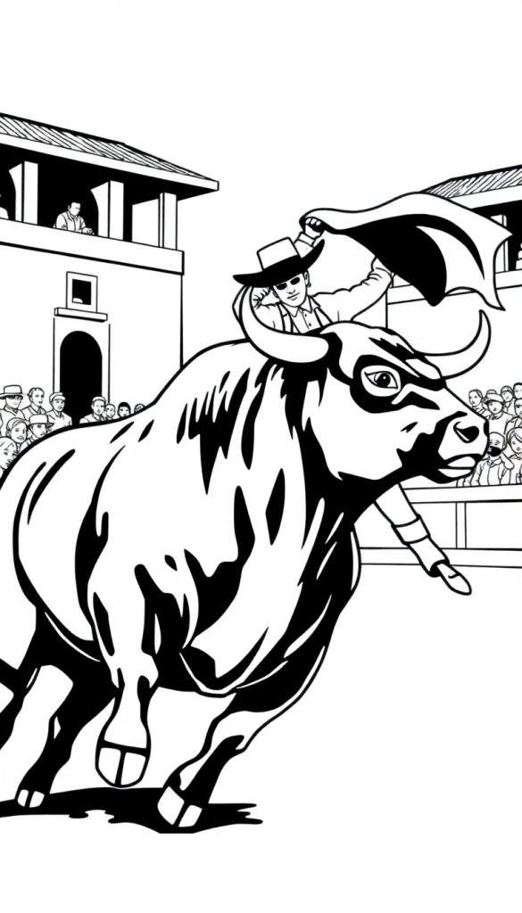 Kleurplaat van een stierengevecht scène met een rennende stier, een matador op zijn rug met een cape, en toeschouwers op de tribunes.