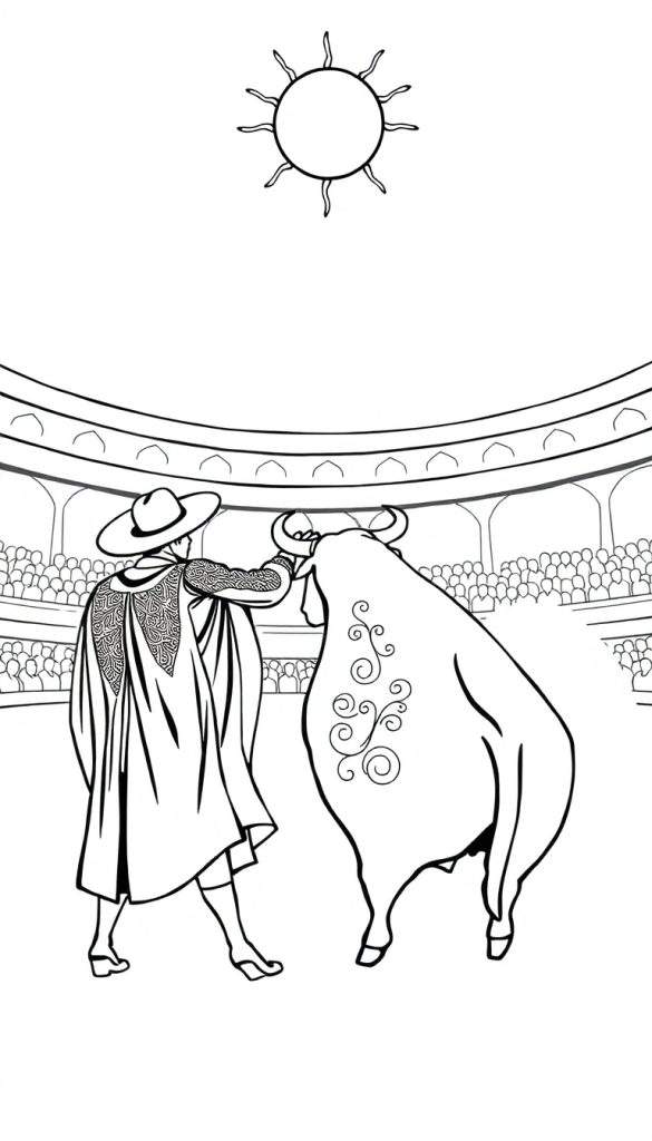 Kleurplaat van een stierengevecht met een torero en stier op de voorgrond, tribunes vol toeschouwers en een zon boven de arena.