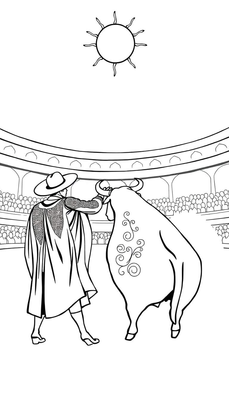 Kleurplaat van een stierengevecht met een torero en stier op de voorgrond, tribunes vol toeschouwers en een zon boven de arena.