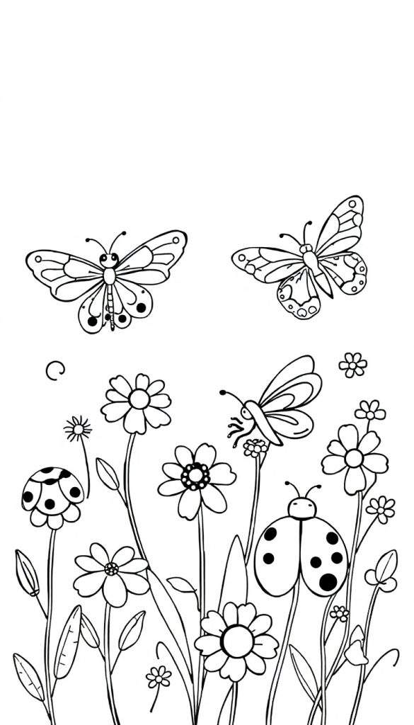 Zwart-wit tekening van twee vlinders in de lucht, een bloemenveld met diverse bloemen, een vlinder zittend op een bloem en een lieveheersbeestje op een bloemsteel.