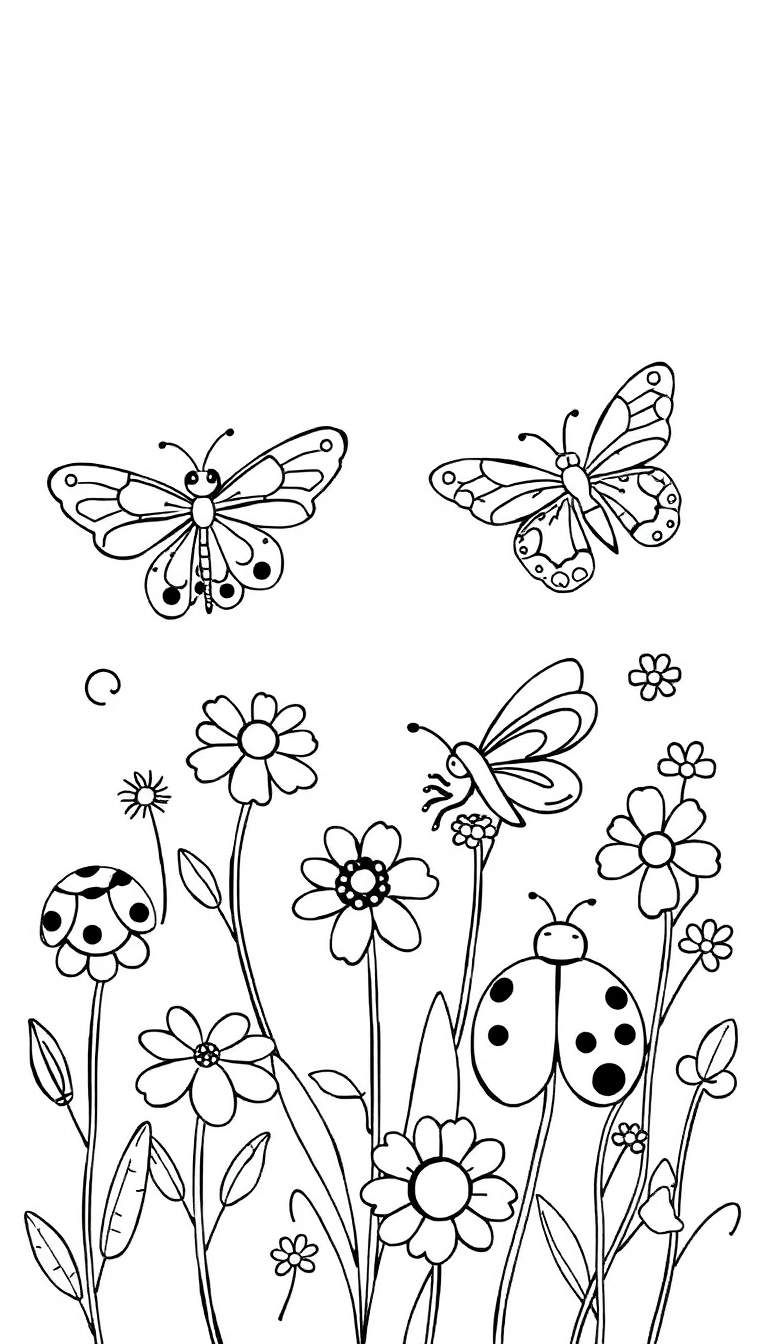 Zwart-wit tekening van twee vlinders in de lucht, een bloemenveld met diverse bloemen, een vlinder zittend op een bloem en een lieveheersbeestje op een bloemsteel.