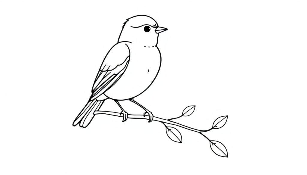 Zwart-witte lijntekening van een gestileerde vogel zittend op een tak met blaadjes, ideaal als kleurplaat.