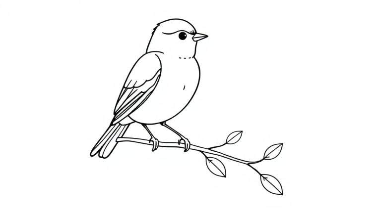 Zwart-witte lijntekening van een gestileerde vogel zittend op een tak met blaadjes, ideaal als kleurplaat.