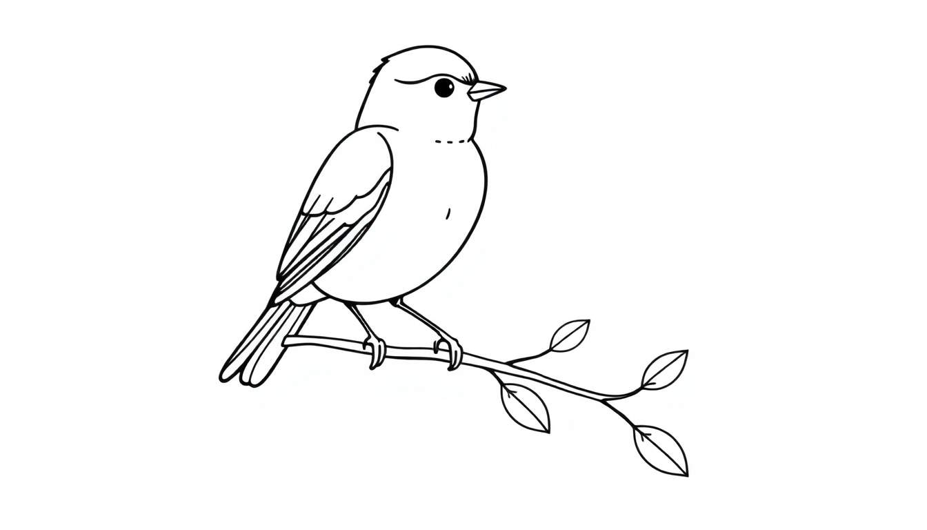 Zwart-witte lijntekening van een gestileerde vogel zittend op een tak met blaadjes, ideaal als kleurplaat.
