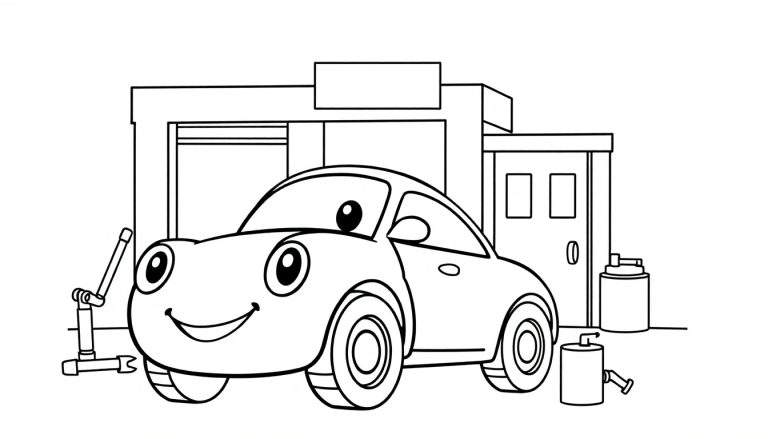 Zwart-wit kleurplaat van een lachende auto voor een garage met een robotarm en vaten.