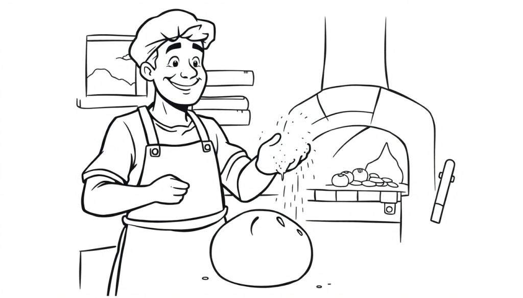 Zwart-wit kleurplaat van een blije bakker met koksmuts en schort, die meel strooit over deeg op een werkblad. Rechts staat een steenoven met bakkerijproducten en een bakkersschop.