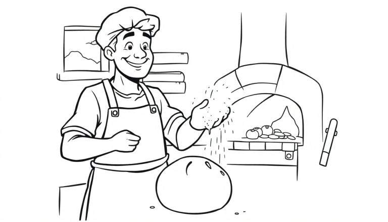 Zwart-wit kleurplaat van een blije bakker met koksmuts en schort, die meel strooit over deeg op een werkblad. Rechts staat een steenoven met bakkerijproducten en een bakkersschop.