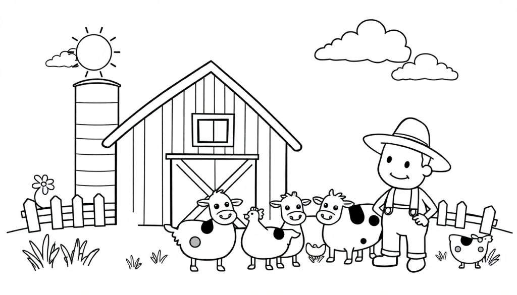 Zwart-wit kleurplaat van een boer met boerderijdieren, schuur en silo.