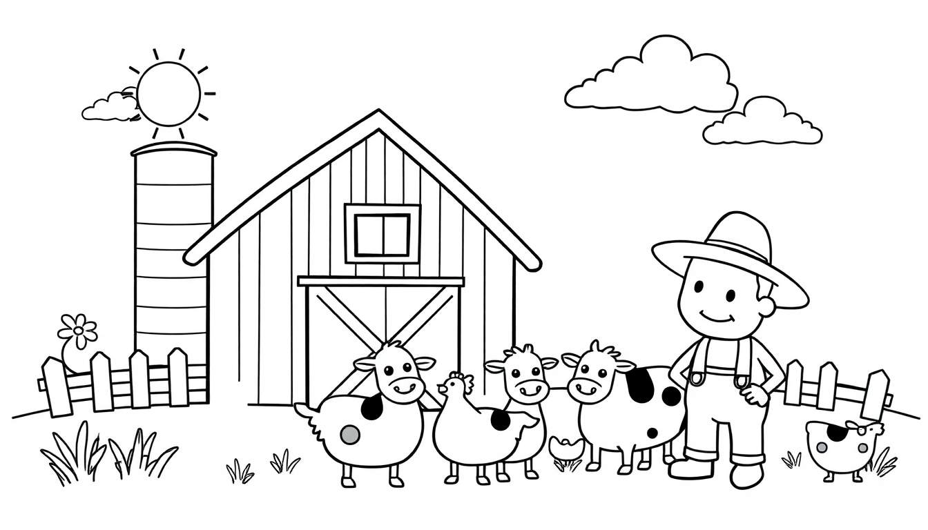 Zwart-wit kleurplaat van een boer met boerderijdieren, schuur en silo.