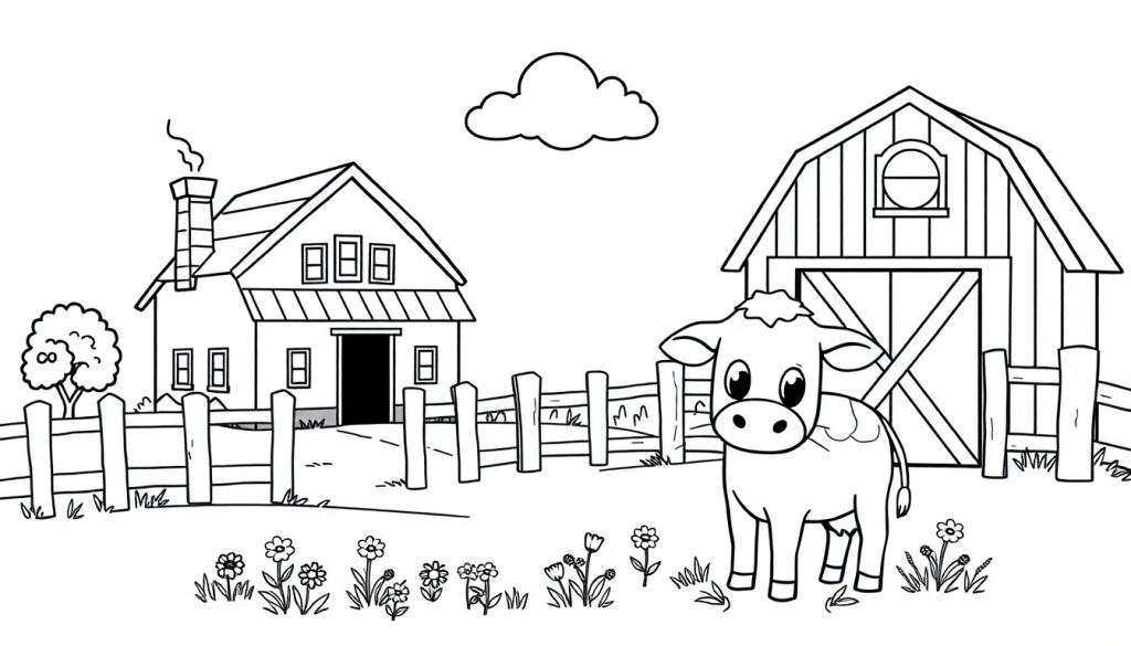 Zwart-wit kleurplaat van een boerderij met een huis, schuur, hek, gras, bloemen en een kalfje.