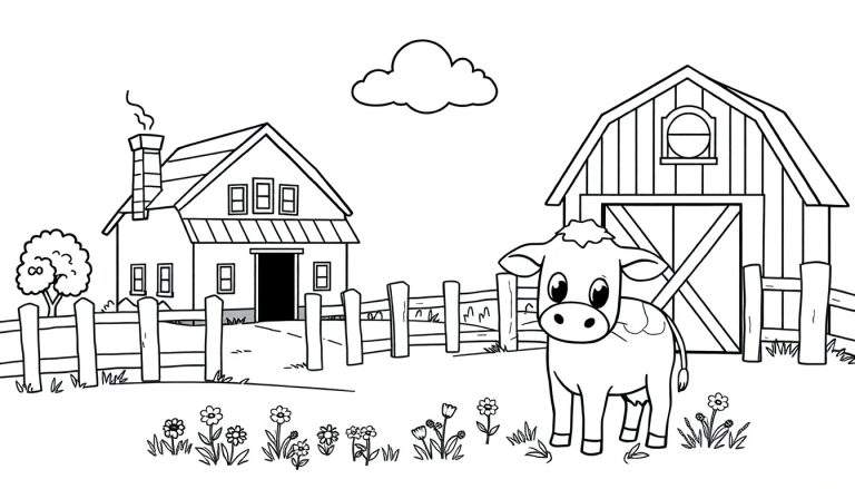 Zwart-wit kleurplaat van een boerderij met een huis, schuur, hek, gras, bloemen en een kalfje.