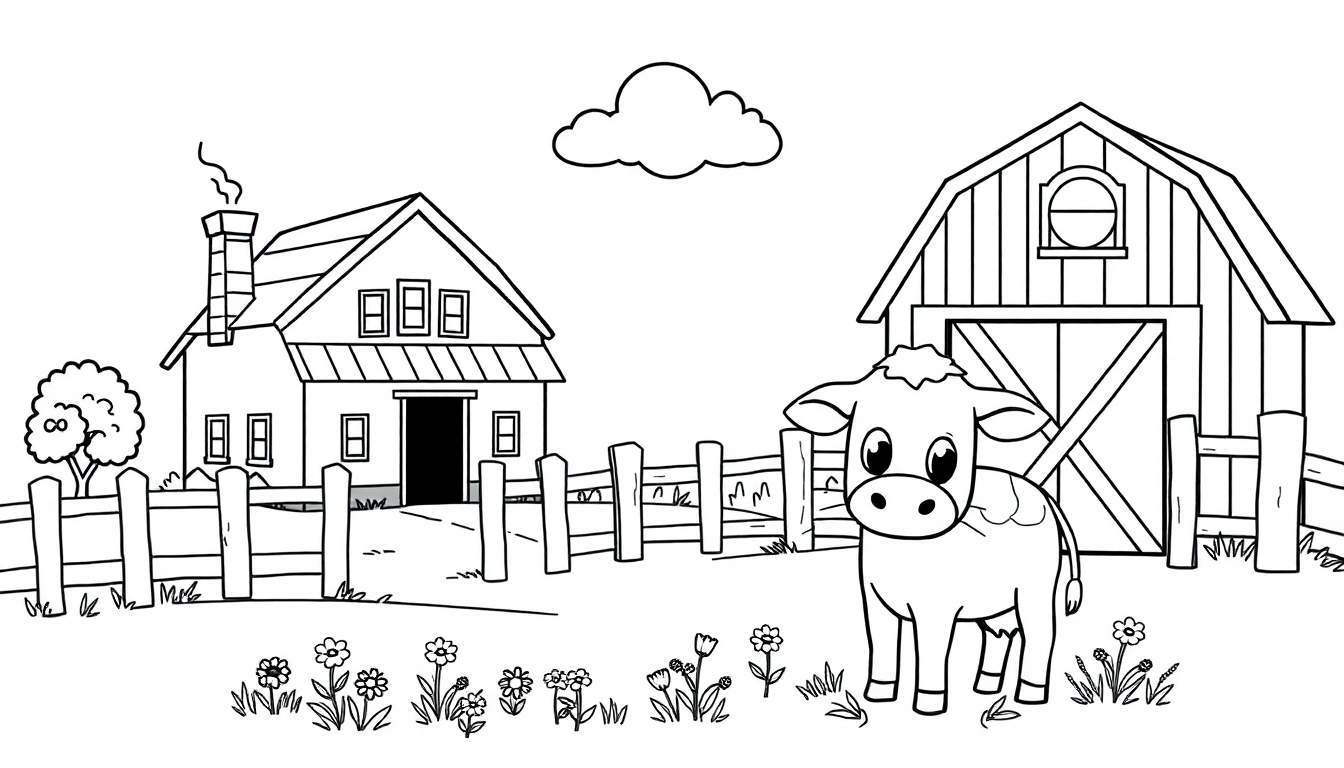 Zwart-wit kleurplaat van een boerderij met een huis, schuur, hek, gras, bloemen en een kalfje.