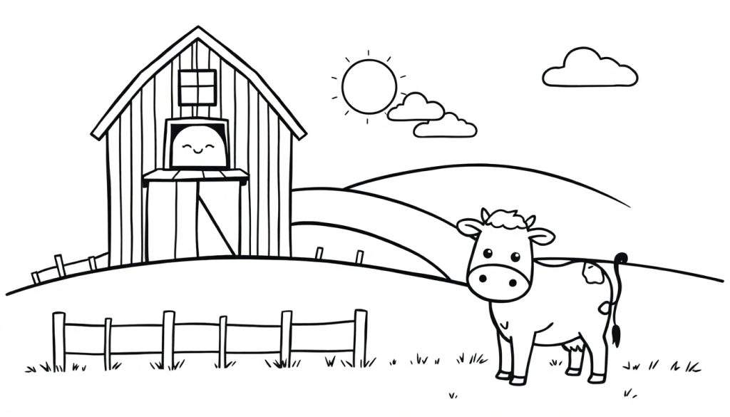 Zwart-wit lijntekening van een boerderij met een schuur, een koe, een figuurtje, zon en wolkjes, klaar om ingekleurd te worden.