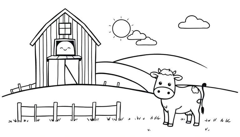 Zwart-wit lijntekening van een boerderij met een schuur, een koe, een figuurtje, zon en wolkjes, klaar om ingekleurd te worden.