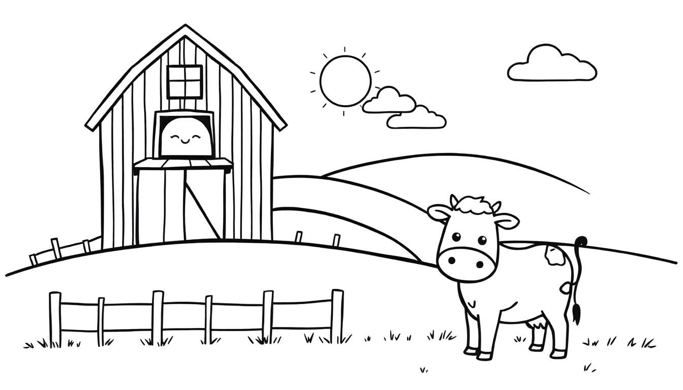 Zwart-wit lijntekening van een boerderij met een schuur, een koe, een figuurtje, zon en wolkjes, klaar om ingekleurd te worden.
