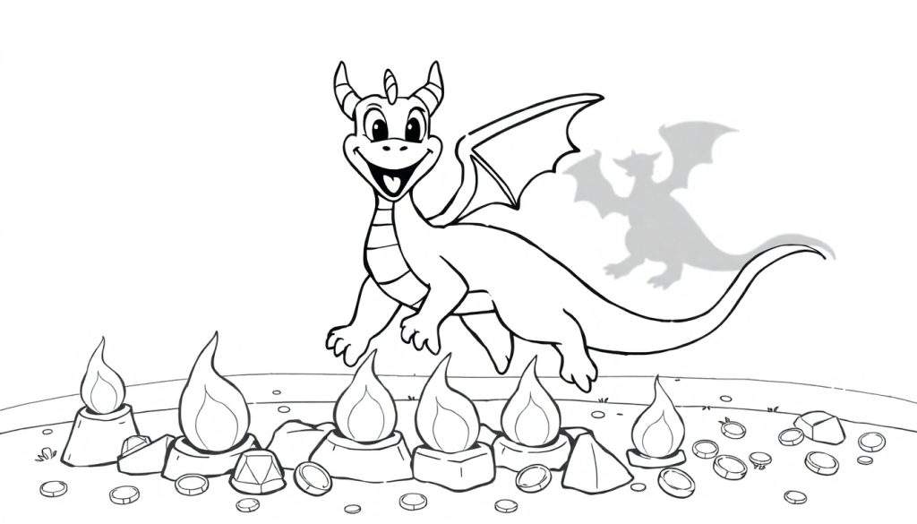 Zwart-wit lijntekening van een cartoon draak met een glimlach, omringd door muntjes, edelstenen en vlammen, met een schaduw van een draak op de achtergrond.