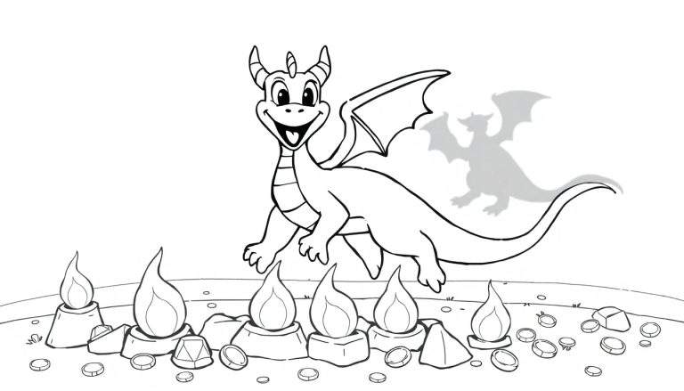 Zwart-wit lijntekening van een cartoon draak met een glimlach, omringd door muntjes, edelstenen en vlammen, met een schaduw van een draak op de achtergrond.