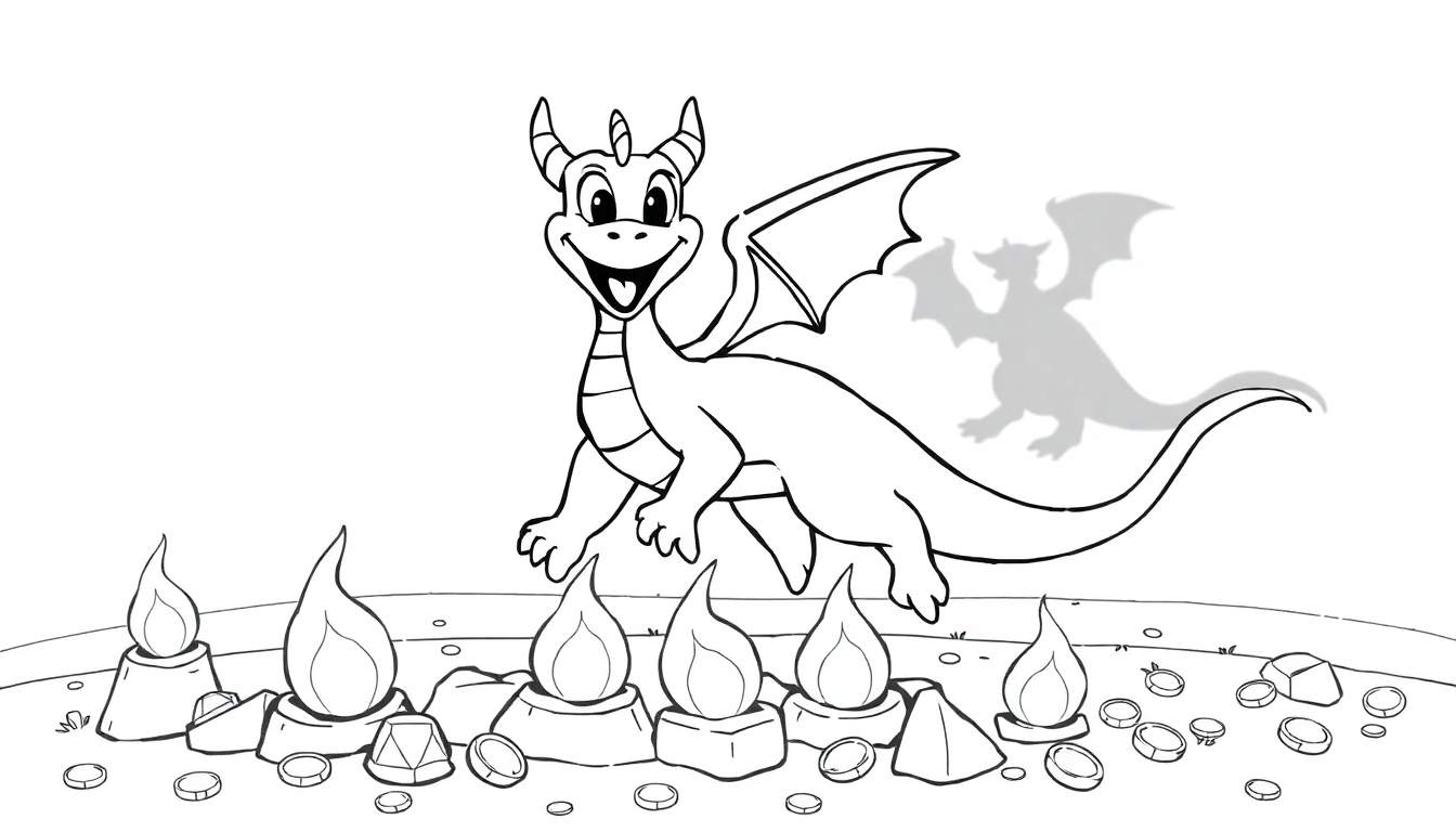 Zwart-wit lijntekening van een cartoon draak met een glimlach, omringd door muntjes, edelstenen en vlammen, met een schaduw van een draak op de achtergrond.