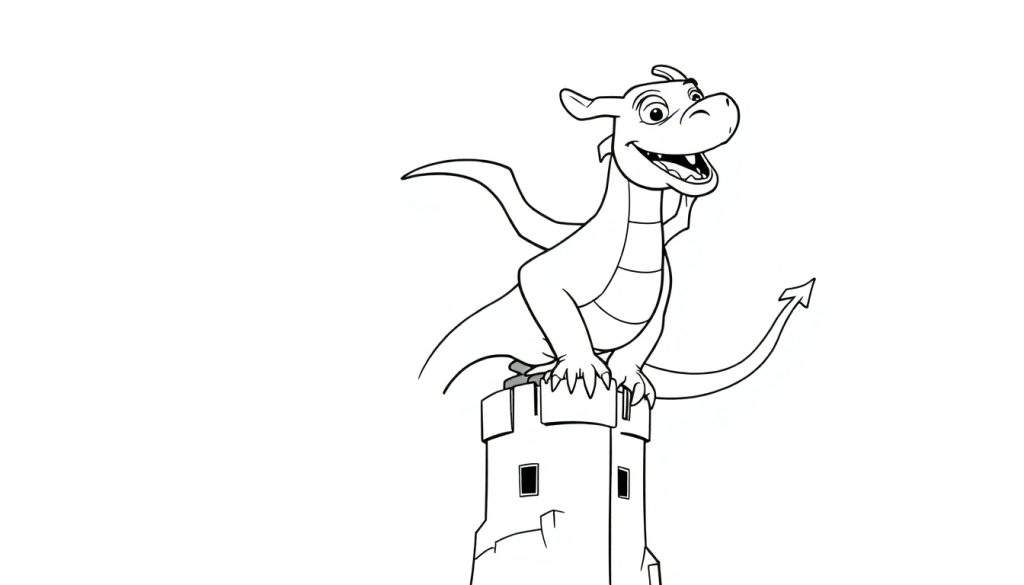 Kleurplaat van een vrolijke cartoon draak met kleine vleugels en pijlpuntstaart, zittend op een kasteeltoren met kantelen en ramen, op een witte achtergrond.