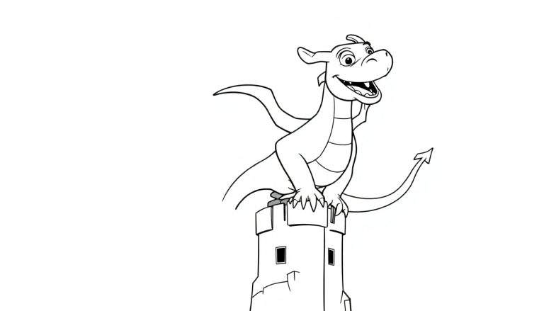 Kleurplaat van een vrolijke cartoon draak met kleine vleugels en pijlpuntstaart, zittend op een kasteeltoren met kantelen en ramen, op een witte achtergrond.