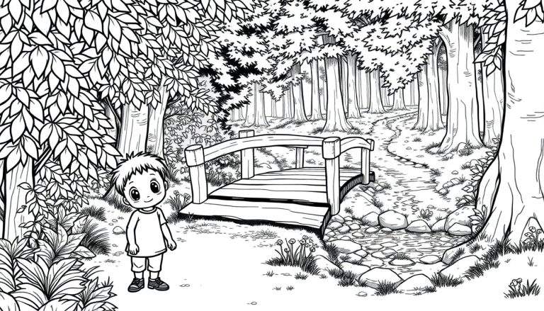 Kleurplaat van een lachende jongen in een bos met een houten brug over een beekje.