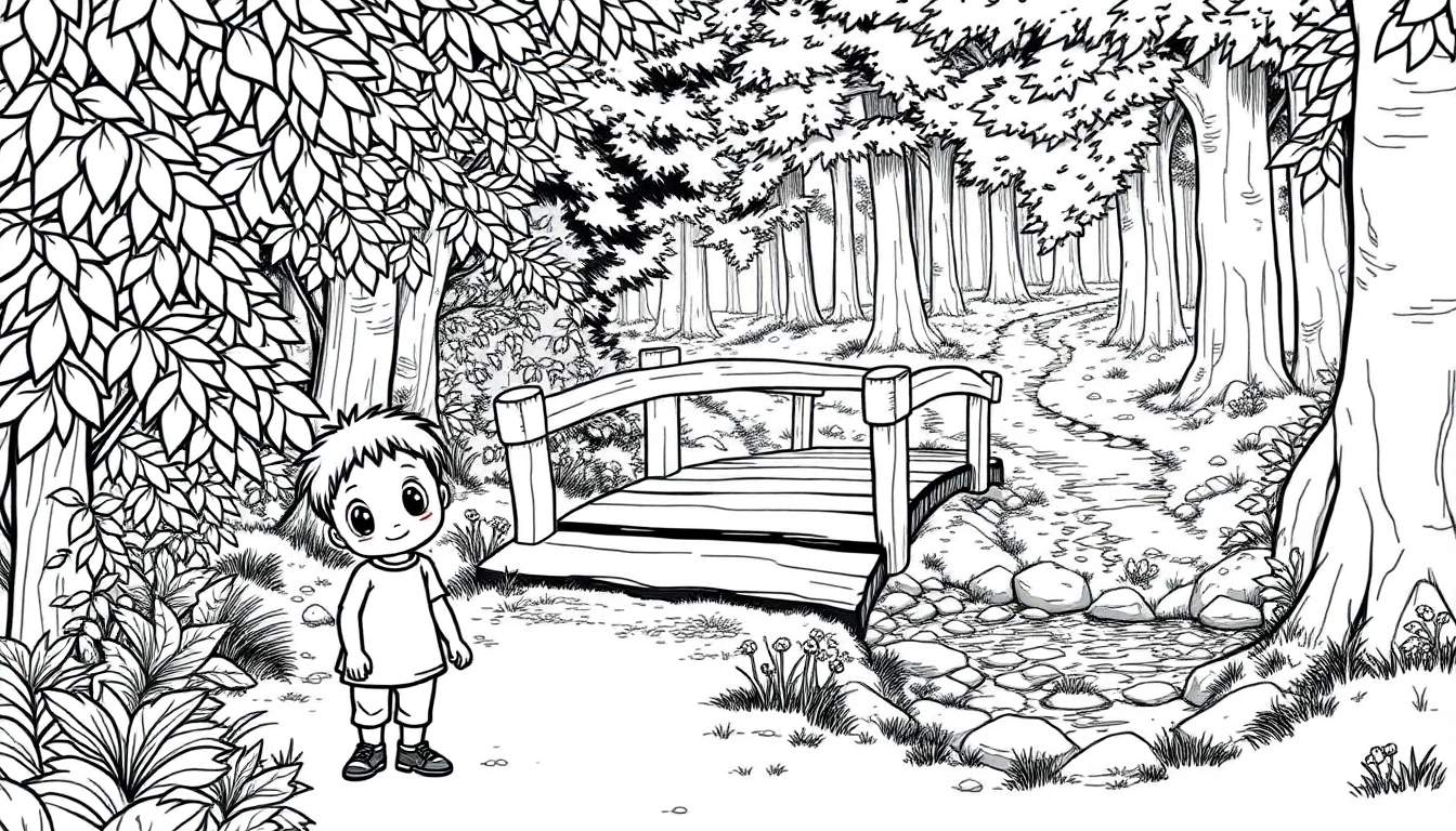 Kleurplaat van een lachende jongen in een bos met een houten brug over een beekje.