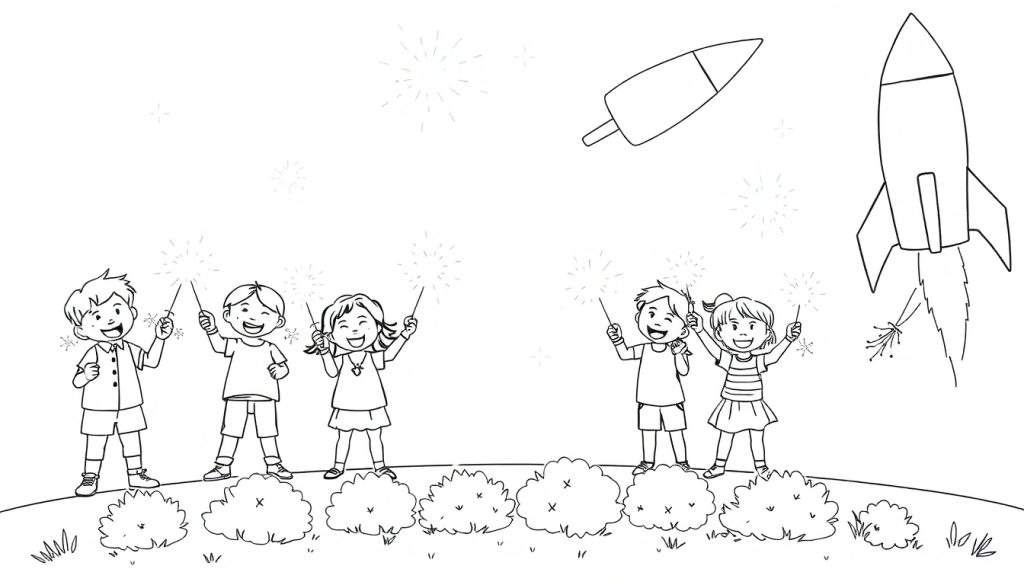 Kleurplaat van vijf lachende kinderen die sterretjes vasthouden met vuurwerk in de lucht.