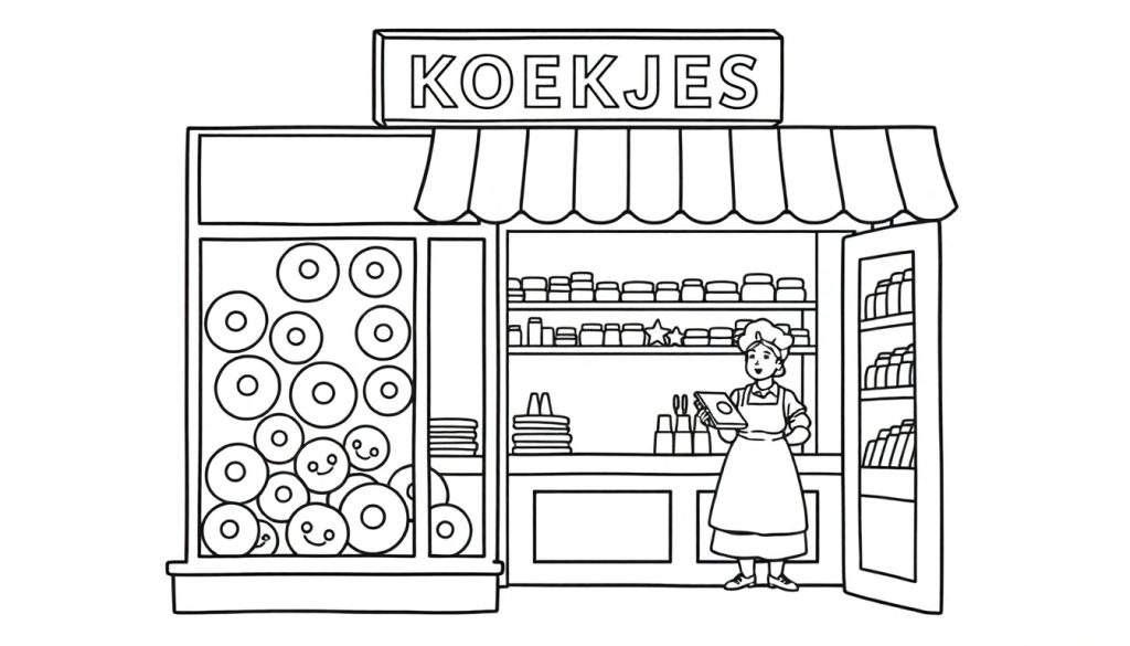 Zwart-wit kleurplaat van een vrolijke koekjeswinkel met een bord 'KOEKJES', een etalage met koekjes met gezichtjes, een winkelierster en volle schappen.