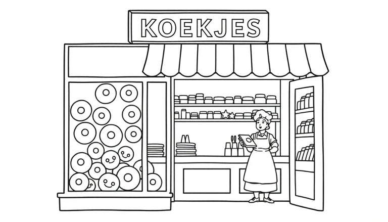 Zwart-wit kleurplaat van een vrolijke koekjeswinkel met een bord 'KOEKJES', een etalage met koekjes met gezichtjes, een winkelierster en volle schappen.